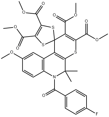 tetramethyl 6'-(4-fluorobenzoyl)-9'-methoxy-5',5'-dimethyl-5',6'-dihydrospiro[1,3-dithiole-2,1'-(1'H)-thiopyrano[2,3-c]quinoline]-2',3',4,5-tetracarboxylate 구조식 이미지