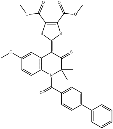 dimethyl 2-(1-([1,1'-biphenyl]-4-ylcarbonyl)-6-methoxy-2,2-dimethyl-3-thioxo-2,3-dihydro-4(1H)-quinolinylidene)-1,3-dithiole-4,5-dicarboxylate Structure
