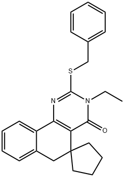 2-(benzylsulfanyl)-3-ethyl-5,6-dihydrospiro(benzo[h]quinazoline-5,1'-cyclopentane)-4(3H)-one 구조식 이미지