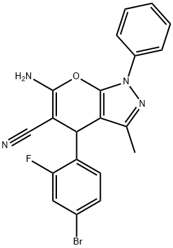 6-amino-4-(4-bromo-2-fluorophenyl)-3-methyl-1-phenyl-1,4-dihydropyrano[2,3-c]pyrazole-5-carbonitrile 구조식 이미지