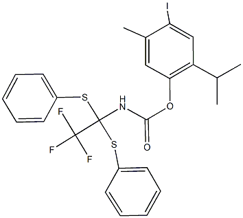 4-iodo-2-isopropyl-5-methylphenyl 2,2,2-trifluoro-1,1-bis(phenylsulfanyl)ethylcarbamate Structure