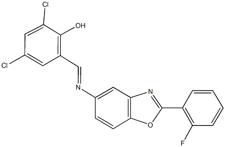 2,4-dichloro-6-({[2-(2-fluorophenyl)-1,3-benzoxazol-5-yl]imino}methyl)phenol Structure