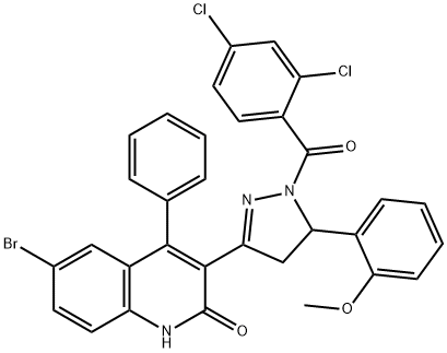 6-bromo-3-{1-[(2,4-dichlorophenyl)carbonyl]-5-[2-(methyloxy)phenyl]-4,5-dihydro-1H-pyrazol-3-yl}-4-phenylquinolin-2(1H)-one Structure