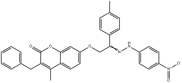 3-benzyl-7-[2-({4-nitrophenyl}hydrazono)-2-(4-methylphenyl)ethoxy]-4-methyl-2H-chromen-2-one Structure