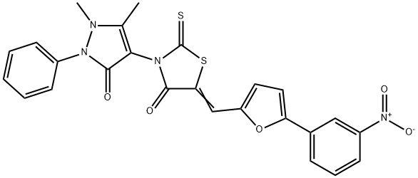 3-(1,5-dimethyl-3-oxo-2-phenyl-2,3-dihydro-1H-pyrazol-4-yl)-5-[(5-{3-nitrophenyl}-2-furyl)methylene]-2-thioxo-1,3-thiazolidin-4-one 구조식 이미지