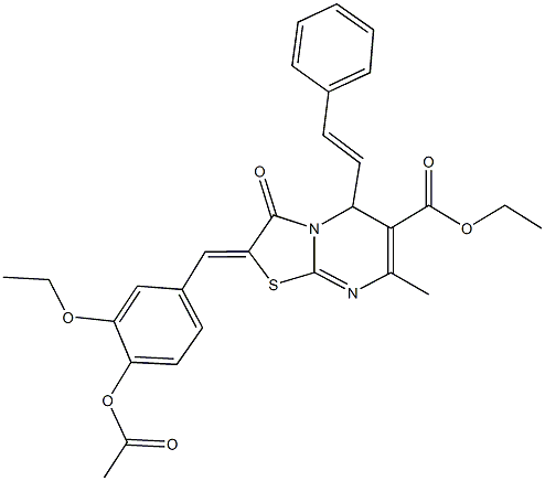 ethyl 2-[4-(acetyloxy)-3-ethoxybenzylidene]-7-methyl-3-oxo-5-(2-phenylvinyl)-2,3-dihydro-5H-[1,3]thiazolo[3,2-a]pyrimidine-6-carboxylate 구조식 이미지