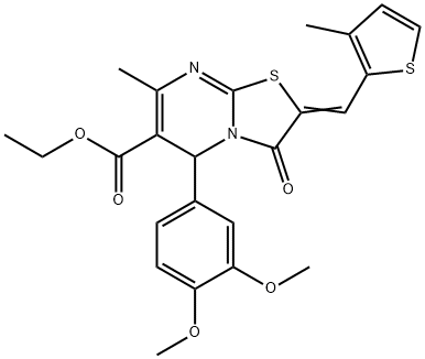ethyl 5-(3,4-dimethoxyphenyl)-7-methyl-2-[(3-methyl-2-thienyl)methylene]-3-oxo-2,3-dihydro-5H-[1,3]thiazolo[3,2-a]pyrimidine-6-carboxylate 구조식 이미지