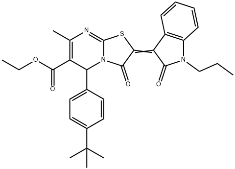 ethyl 5-(4-tert-butylphenyl)-7-methyl-3-oxo-2-(2-oxo-1-propyl-1,2-dihydro-3H-indol-3-ylidene)-2,3-dihydro-5H-[1,3]thiazolo[3,2-a]pyrimidine-6-carboxylate Structure