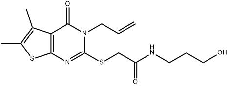 2-[(3-allyl-5,6-dimethyl-4-oxo-3,4-dihydrothieno[2,3-d]pyrimidin-2-yl)sulfanyl]-N-(3-hydroxypropyl)acetamide 구조식 이미지