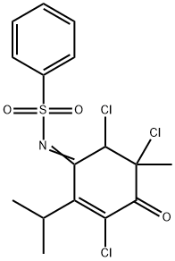 N-(3,5,6-trichloro-2-isopropyl-5-methyl-4-oxo-2-cyclohexen-1-ylidene)benzenesulfonamide 구조식 이미지