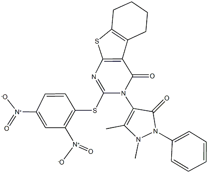 2-({2,4-bisnitrophenyl}sulfanyl)-3-(1,5-dimethyl-3-oxo-2-phenyl-2,3-dihydro-1H-pyrazol-4-yl)-5,6,7,8-tetrahydro[1]benzothieno[2,3-d]pyrimidin-4(3H)-one 구조식 이미지