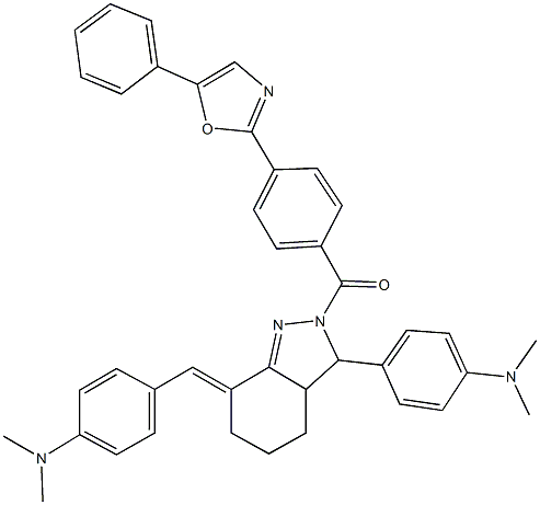N-(4-{7-[4-(dimethylamino)benzylidene]-2-[4-(5-phenyl-1,3-oxazol-2-yl)benzoyl]-3,3a,4,5,6,7-hexahydro-2H-indazol-3-yl}phenyl)-N,N-dimethylamine 구조식 이미지