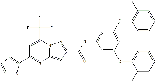 N-[3,5-bis(2-methylphenoxy)phenyl]-5-(2-thienyl)-7-(trifluoromethyl)pyrazolo[1,5-a]pyrimidine-2-carboxamide 구조식 이미지
