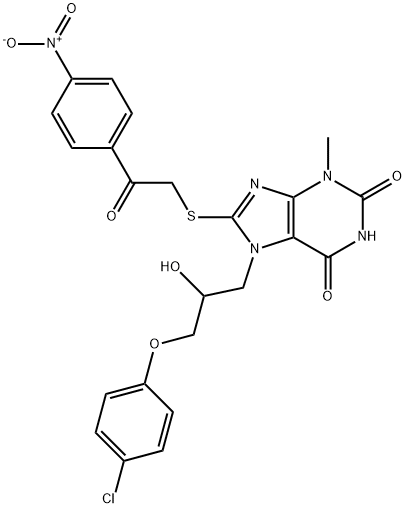 7-[3-(4-chlorophenoxy)-2-hydroxypropyl]-8-[(2-{4-nitrophenyl}-2-oxoethyl)sulfanyl]-3-methyl-3,7-dihydro-1H-purine-2,6-dione 구조식 이미지