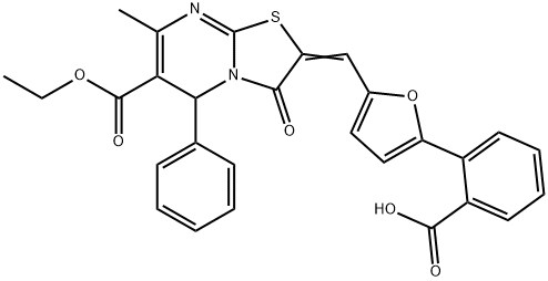 2-{5-[(6-(ethoxycarbonyl)-7-methyl-3-oxo-5-phenyl-5H-[1,3]thiazolo[3,2-a]pyrimidin-2(3H)-ylidene)methyl]-2-furyl}benzoic acid 구조식 이미지