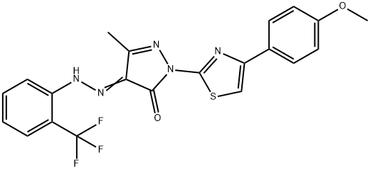 1-[4-(4-methoxyphenyl)-1,3-thiazol-2-yl]-3-methyl-1H-pyrazole-4,5-dione 4-{[2-(trifluoromethyl)phenyl]hydrazone} 구조식 이미지