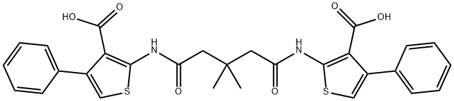 2-({5-[(3-carboxy-4-phenyl-2-thienyl)amino]-3,3-dimethyl-5-oxopentanoyl}amino)-4-phenyl-3-thiophenecarboxylic acid 구조식 이미지