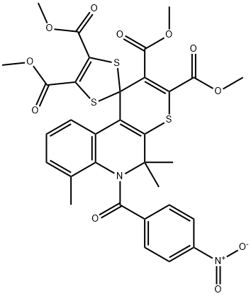 tetramethyl 5',5',7'-trimethyl-6'-(4-nitrobenzoyl)-5',6'-dihydrospiro[1,3-dithiole-2,1'-(1'H)-thiopyrano[2,3-c]quinoline]-2',3',4,5-tetracarboxylate Structure