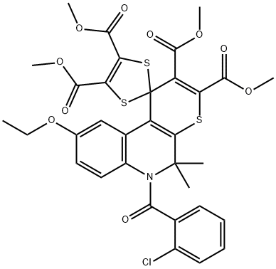 tetramethyl 6-(2-chlorobenzoyl)-9-ethoxy-5,5-dimethyl-5,6-dihydrospiro(1H-thiopyrano[2,3-c]quinoline-1,2'-[1,3]-dithiole)-2,3,4',5'-tetracarboxylate Structure