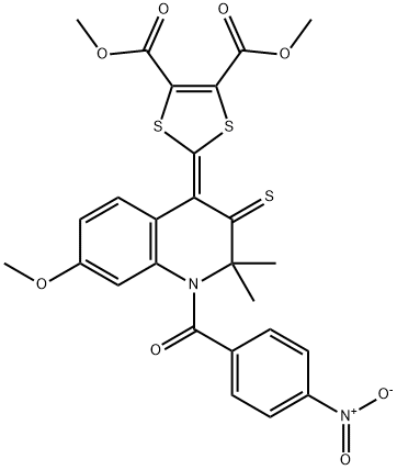 dimethyl 2-(1-{4-nitrobenzoyl}-7-methoxy-2,2-dimethyl-3-thioxo-2,3-dihydroquinolin-4(1H)-ylidene)-1,3-dithiole-4,5-dicarboxylate Structure