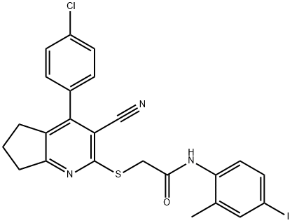 2-{[4-(4-chlorophenyl)-3-cyano-6,7-dihydro-5H-cyclopenta[b]pyridin-2-yl]sulfanyl}-N-(4-iodo-2-methylphenyl)acetamide 구조식 이미지