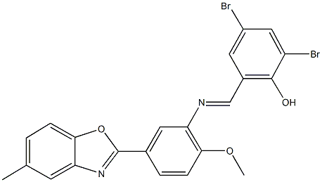 2,4-dibromo-6-({[2-methoxy-5-(5-methyl-1,3-benzoxazol-2-yl)phenyl]imino}methyl)phenol 구조식 이미지