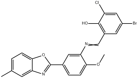 4-bromo-2-chloro-6-({[2-methoxy-5-(5-methyl-1,3-benzoxazol-2-yl)phenyl]imino}methyl)phenol Structure