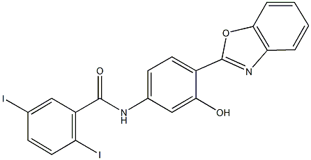 N-[4-(1,3-benzoxazol-2-yl)-3-hydroxyphenyl]-2,5-diiodobenzamide 구조식 이미지