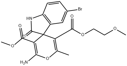 5-(2-methoxyethyl) 3-methyl 2-amino-5'-bromo-1',3'-dihydro-6-methyl-2'-oxospiro[4H-pyran-4,3'-(2'H)-indole]-3,5-dicarboxylate Structure