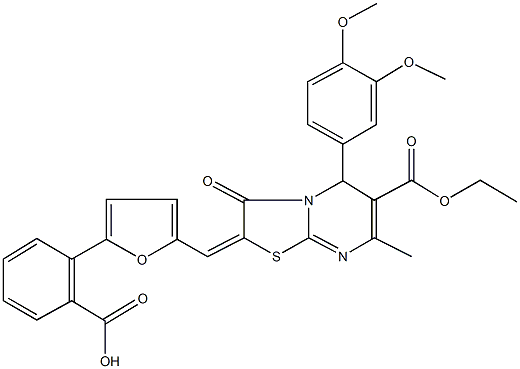 2-{5-[(5-(3,4-dimethoxyphenyl)-6-(ethoxycarbonyl)-7-methyl-3-oxo-5H-[1,3]thiazolo[3,2-a]pyrimidin-2(3H)-ylidene)methyl]-2-furyl}benzoic acid Structure