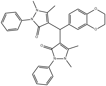 4-[2,3-dihydro-1,4-benzodioxin-6-yl(1,5-dimethyl-3-oxo-2-phenyl-2,3-dihydro-1H-pyrazol-4-yl)methyl]-1,5-dimethyl-2-phenyl-1,2-dihydro-3H-pyrazol-3-one 구조식 이미지