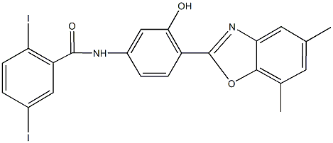N-[4-(5,7-dimethyl-1,3-benzoxazol-2-yl)-3-hydroxyphenyl]-2,5-diiodobenzamide 구조식 이미지