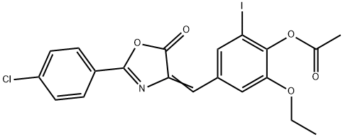 4-[(2-(4-chlorophenyl)-5-oxo-1,3-oxazol-4(5H)-ylidene)methyl]-2-ethoxy-6-iodophenyl acetate 구조식 이미지