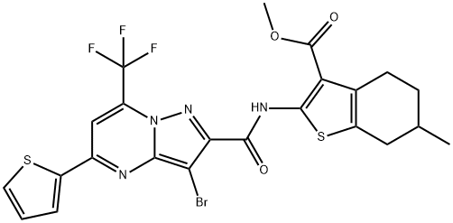 methyl 2-({[3-bromo-5-(2-thienyl)-7-(trifluoromethyl)pyrazolo[1,5-a]pyrimidin-2-yl]carbonyl}amino)-6-methyl-4,5,6,7-tetrahydro-1-benzothiophene-3-carboxylate 구조식 이미지