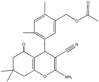 5-(2-amino-3-cyano-7,7-dimethyl-5-oxo-5,6,7,8-tetrahydro-4H-chromen-4-yl)-2,4-dimethylbenzyl acetate 구조식 이미지