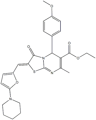 ethyl 5-(4-methoxyphenyl)-7-methyl-3-oxo-2-{[5-(1-piperidinyl)-2-furyl]methylene}-2,3-dihydro-5H-[1,3]thiazolo[3,2-a]pyrimidine-6-carboxylate Structure