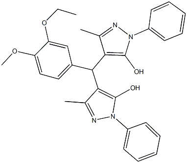 4-[(3-ethoxy-4-methoxyphenyl)(5-hydroxy-3-methyl-1-phenyl-1H-pyrazol-4-yl)methyl]-3-methyl-1-phenyl-1H-pyrazol-5-ol Structure