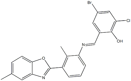 4-bromo-2-chloro-6-({[2-methyl-3-(5-methyl-1,3-benzoxazol-2-yl)phenyl]imino}methyl)phenol 구조식 이미지