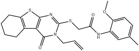 2-[(3-allyl-4-oxo-3,4,5,6,7,8-hexahydro[1]benzothieno[2,3-d]pyrimidin-2-yl)thio]-N-(2-methoxy-5-methylphenyl)acetamide 구조식 이미지