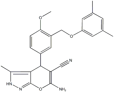 6-amino-4-{3-[(3,5-dimethylphenoxy)methyl]-4-methoxyphenyl}-3-methyl-2,4-dihydropyrano[2,3-c]pyrazole-5-carbonitrile 구조식 이미지