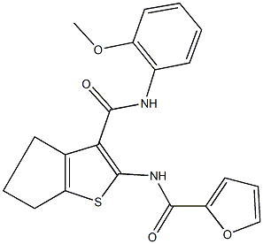 N-{3-[(2-methoxyanilino)carbonyl]-5,6-dihydro-4H-cyclopenta[b]thien-2-yl}-2-furamide 구조식 이미지