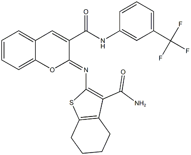2-{[3-(aminocarbonyl)-4,5,6,7-tetrahydro-1-benzothien-2-yl]imino}-N-[3-(trifluoromethyl)phenyl]-2H-chromene-3-carboxamide 구조식 이미지