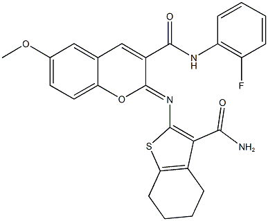 2-{[3-(aminocarbonyl)-4,5,6,7-tetrahydro-1-benzothien-2-yl]imino}-N-(2-fluorophenyl)-6-methoxy-2H-chromene-3-carboxamide Structure