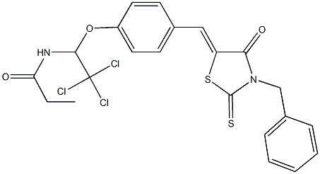 N-(1-{4-[(3-benzyl-4-oxo-2-thioxo-1,3-thiazolidin-5-ylidene)methyl]phenoxy}-2,2,2-trichloroethyl)propanamide 구조식 이미지