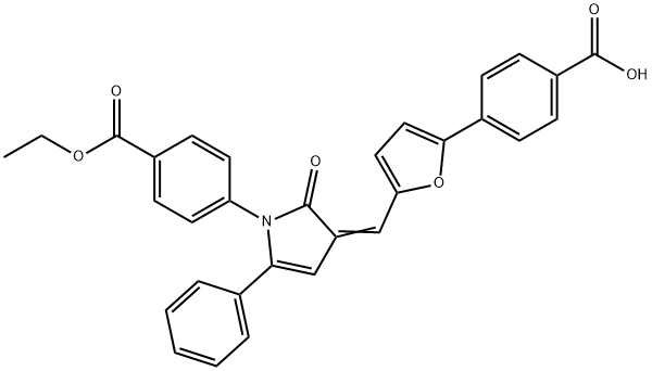 4-[3-({5-[4-(ethoxycarbonyl)phenyl]-2-furyl}methylene)-2-oxo-5-phenyl-2,3-dihydro-1H-pyrrol-1-yl]benzoic acid Structure