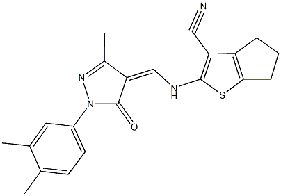 2-({[1-(3,4-dimethylphenyl)-3-methyl-5-oxo-1,5-dihydro-4H-pyrazol-4-ylidene]methyl}amino)-5,6-dihydro-4H-cyclopenta[b]thiophene-3-carbonitrile 구조식 이미지