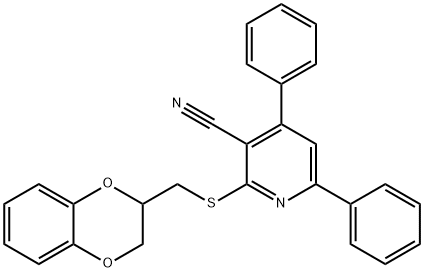 2-[(2,3-dihydro-1,4-benzodioxin-2-ylmethyl)sulfanyl]-4,6-diphenylnicotinonitrile 구조식 이미지