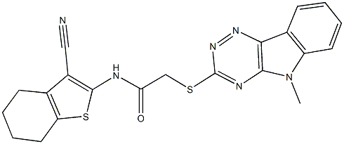 N-(3-cyano-4,5,6,7-tetrahydro-1-benzothien-2-yl)-2-[(5-methyl-5H-[1,2,4]triazino[5,6-b]indol-3-yl)sulfanyl]acetamide 구조식 이미지