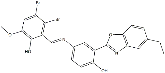 3,4-dibromo-2-({[3-(5-ethyl-1,3-benzoxazol-2-yl)-4-hydroxyphenyl]imino}methyl)-6-methoxyphenol Structure