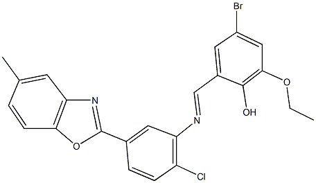 4-bromo-2-({[2-chloro-5-(5-methyl-1,3-benzoxazol-2-yl)phenyl]imino}methyl)-6-ethoxyphenol Structure